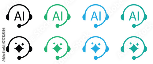 AI Customer Service Icon Set – Virtual Support, Chat Headphone, Contact Assistance, Vector and Transparent PNG Illustration