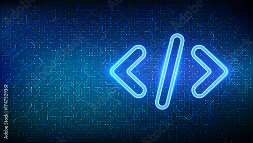Programming code. Source code. Programming code icon on circuit board pattern background. Coding brackets symbolizing programming, software engineering. Coding, hacker background. Vector illustration.
