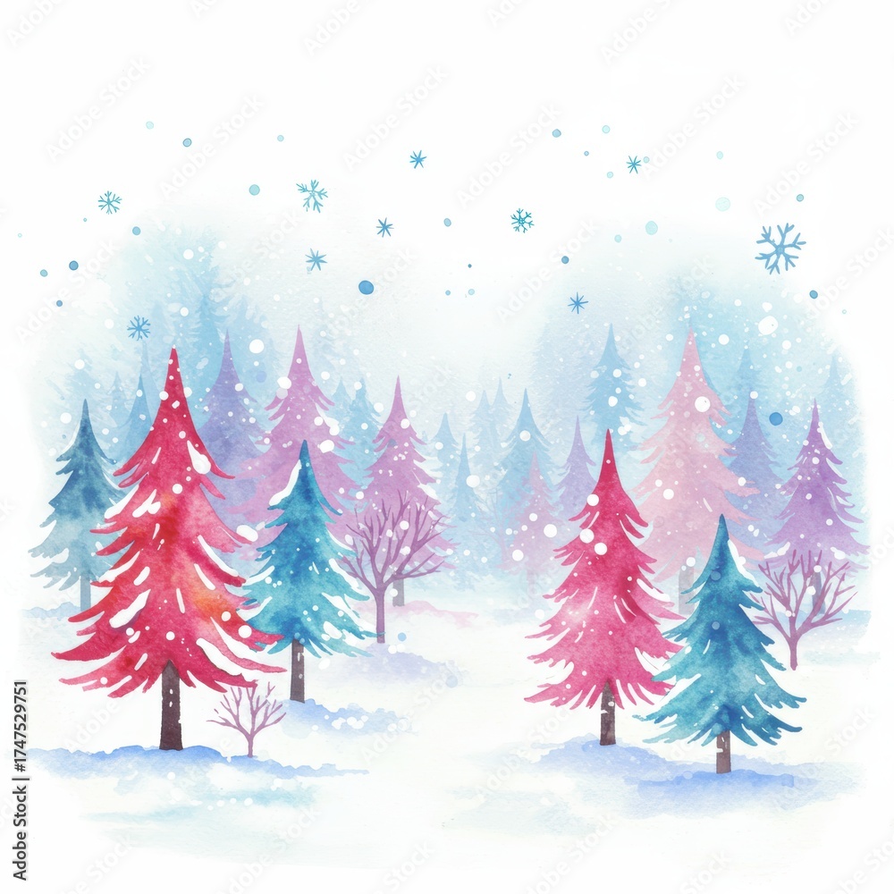 Naklejka premium Winter forest landscape with Christmas trees and snow. Watercolor illustration for holiday greeting card design for print, poster, book, banner, card, flyer with place for text. 