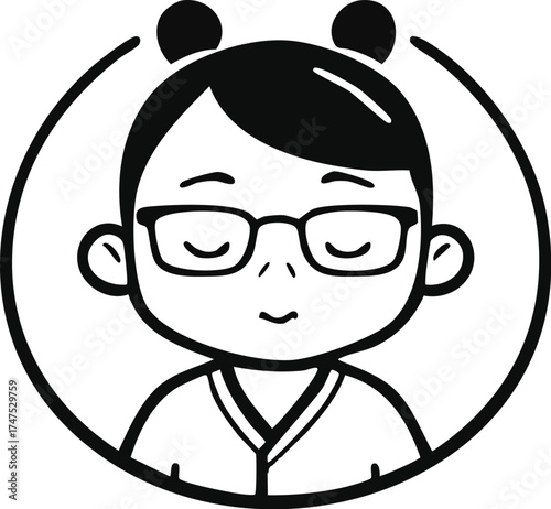 A simple black and white illustration of a girl with glasses and buns, eyes closed, inside a circular frame.