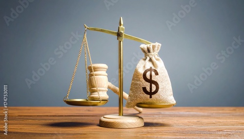 Bag of money with a dollar sign and a judge's hammer on the scales