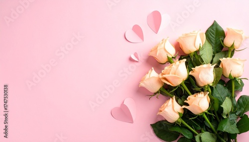 Bouquet of beautiful rose flowers and paper hearts on pink background, top view