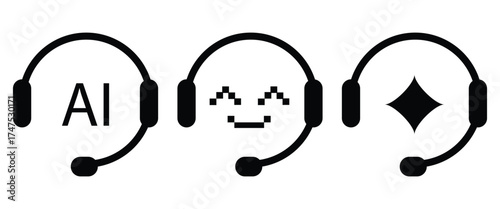AI Customer Service Icon Set – Virtual Support, Chat Headphone, Contact Assistance, Vector and Transparent PNG Illustration