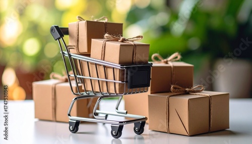Shopping Cart with a Brown Kraft Gift Boxes