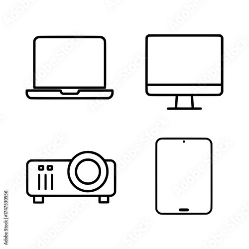 Minimal Outline Icons of Laptop, Desktop, Projector, and Tablet