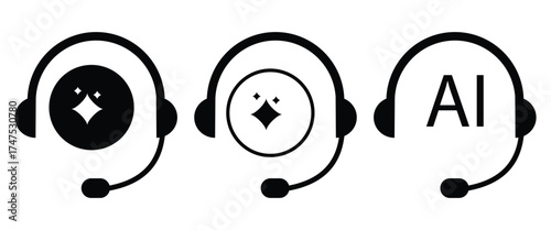 AI Customer Service Icon Set – Virtual Support, Chat Headphone, Contact Assistance, Vector and Transparent PNG Illustration
