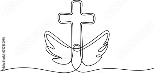 Continuous Line Drawing of Christian Cross with Wings Religion Symbol