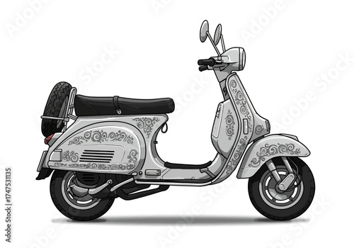 Vintage Scooter with Decorative Swirls and Spare Tire