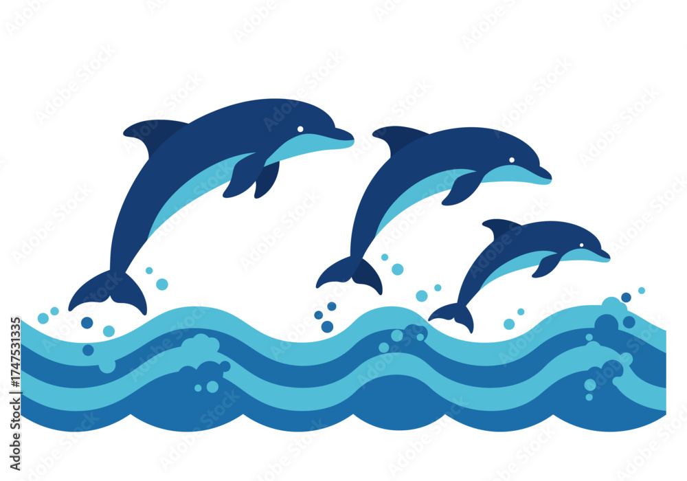 Obraz premium Three Blue Dolphins Leaping Over Ocean Waves Illustration.