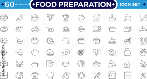 Food preparation outline icon set. Vector illustration containing kitchen utensils, cookware, cooking tools, cutlery, meal prep, chef equipment, and dining elements. Editable stroke outline icon. 