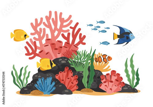 Colorful Coral Reef Scene with Tropical Fish.