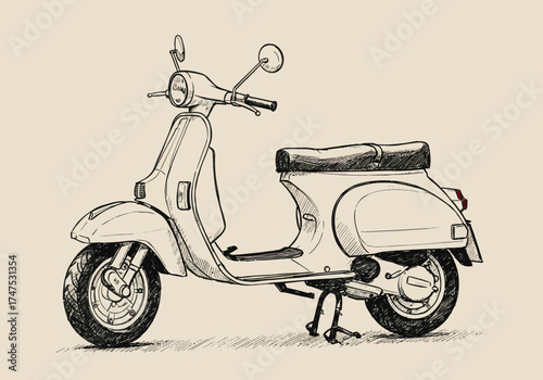 Vintage Scooter Illustration with Detailed Line Work and Classic Design