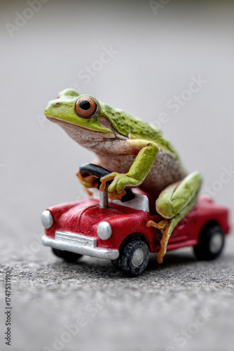 A frog sitting on a toy car looking like it is driving