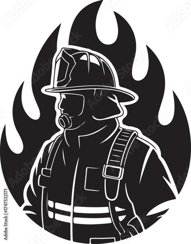 Firefighter Silhouette in Flame Circle on Seamless Grid Pattern