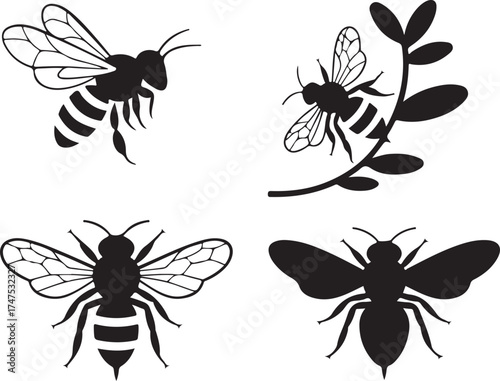 Bee Silhouette Collection on Seamless Grid Pattern.