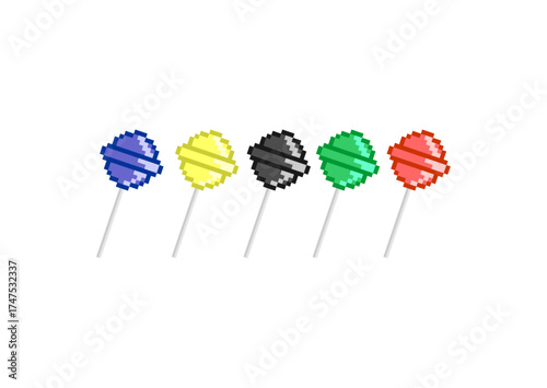 Pixel art of colorful lollipops in blue, yellow, black, green, and red, aligned neatly on a white background, creating a simple and playful digital candy design.
