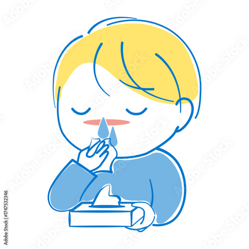 風邪またはアレルギー症状のため鼻水が止まらず困っている男の子