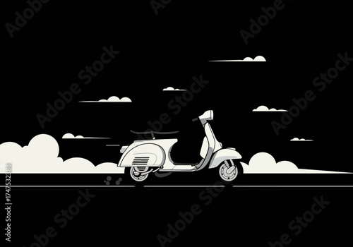 Stylized White Scooter Illustration with Clouds on Black Background