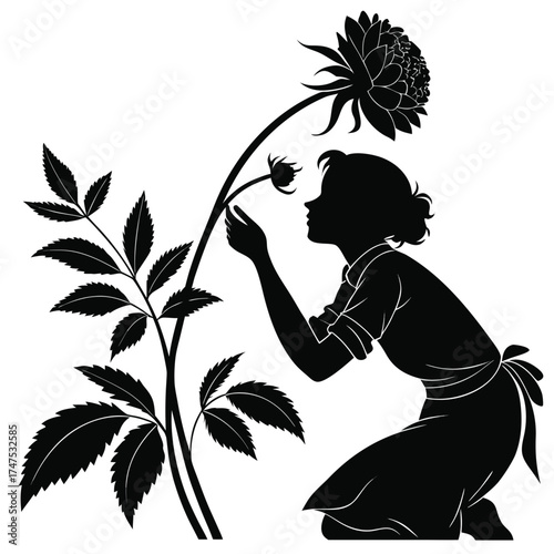Silhouette of a woman tending to a large flower