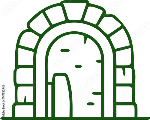 Deep green outline of an old arched entry stone structure or cave entrance