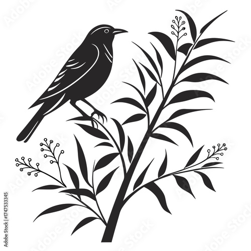 Stylized bird perched on a branch with leaves and berries