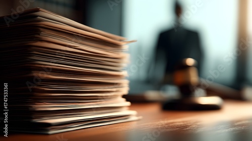 Pile of Documents in Office with Blurred Figure and Gavel Background