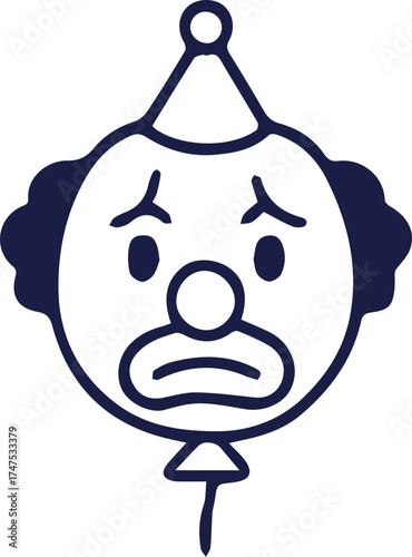 A melancholic clown balloon face with a party hat showing a somber expression