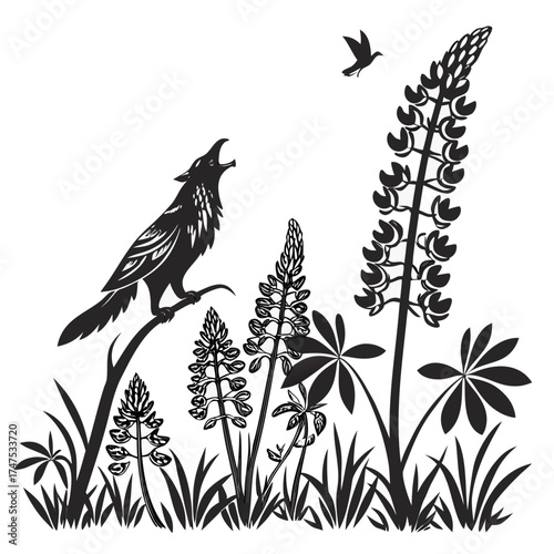 Wolf howling at the moon with lupine flowers and a bird