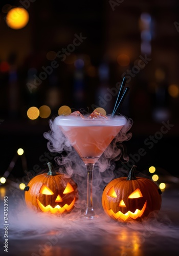 Halloween cocktail with smoke effect and carved pumpkin. Spooky bar drink idea with jack o'lantern decoration for a Halloween party night.	
