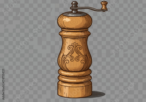 Ornate Wooden Pepper Mill with Metal Accents and Handle.