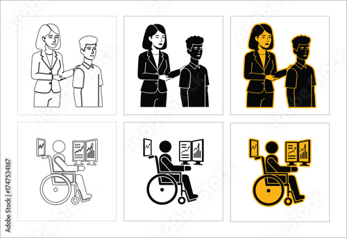 Mentorship And Inclusion Icons Featuring A Businesswoman Guiding An Employee And A Wheelchair User Analyzing Data
