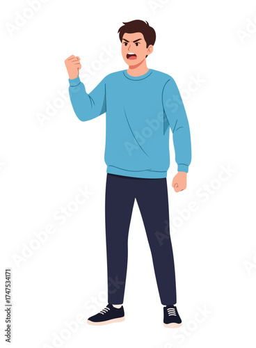 An angry young man in a blue sweater and dark pants, with his fist raised and mouth open in a shout.