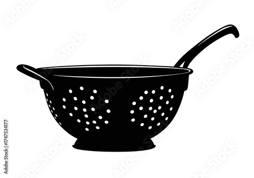 Black and White Colander Illustration with Handle and Perforations.