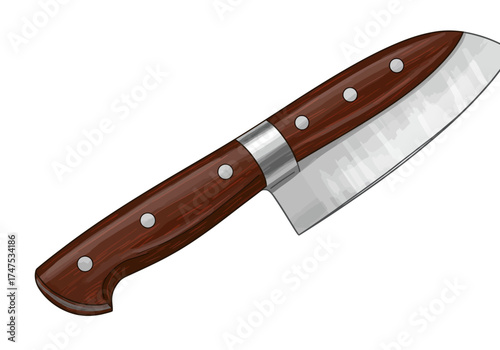 Illustration of a Santoku Knife with Wood Handle and Silver Rivets.