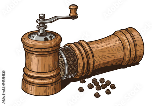 Detailed Illustration of a Wooden Pepper Grinder with Black Peppercorns.