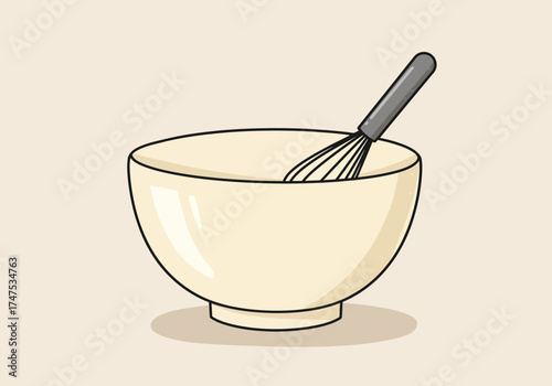 Cartoon Cream Bowl with Whisk Inside for Baking Preparation.