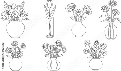 Minimalist flower vase line art, black and white botanical illustration, daisy tulip lily bouquet drawing, elegant floral decor, vector sketch design