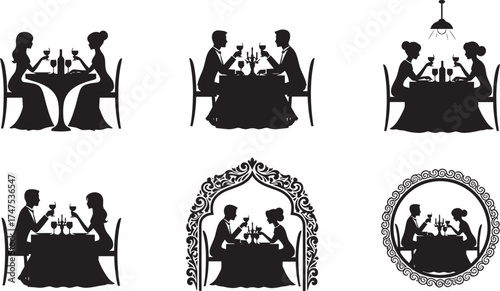 Romantic couple dining silhouette, candlelit dinner, black and white vector, love theme illustration, restaurant date night, elegant table setting artwork