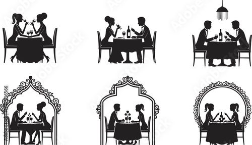Romantic couple dining silhouette, candlelit dinner, black and white vector, love theme illustration, restaurant date night, elegant table setting artwork