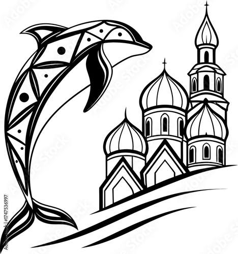 Black and white vector art of a geometric dolphin leaping beside domed cathedral towers, symbolizing harmony between nature and architecture.