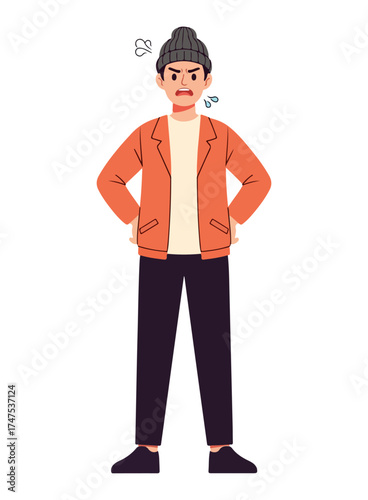 An angry young man wearing a beanie, jacket, and pants, with his hands on his hips.