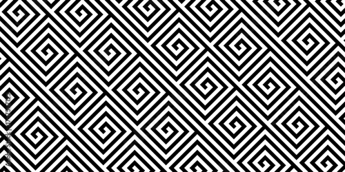 Seamless black and white geometric pattern with spiral diamond shapes creating an optical illusion background.
