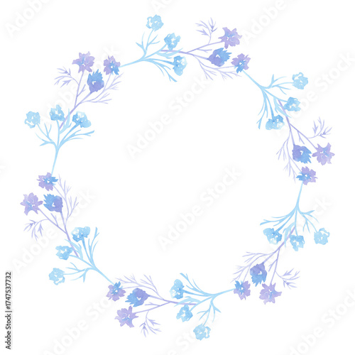 A wreath of blue plant branches. Flowers, buds. Winter plants. Watercolor.