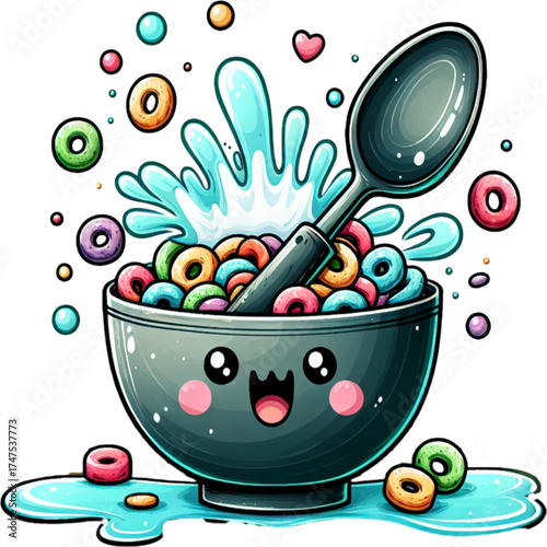 Colorful Cereal Joy: A cheerful bowl of colorful cereal delights, brimming with playful sweetness and a splash of milk, is ready to start the day with happiness and fun!