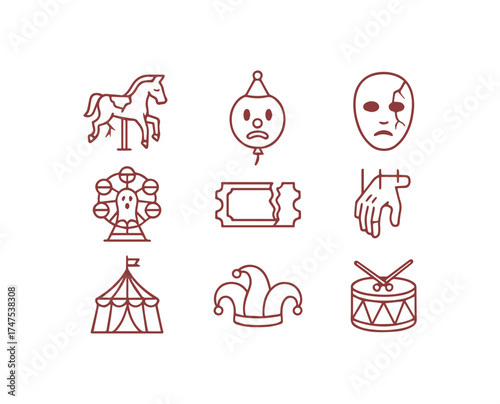 Amusement park and vintage circus symbols including masks tickets and ride illustrations
