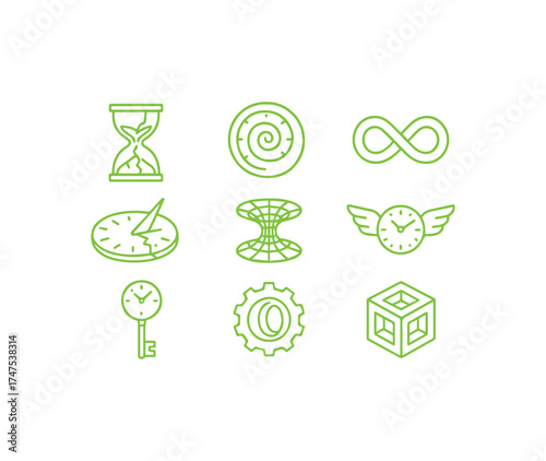 Exploring concepts of time and space a collection of nine unique green line icons
