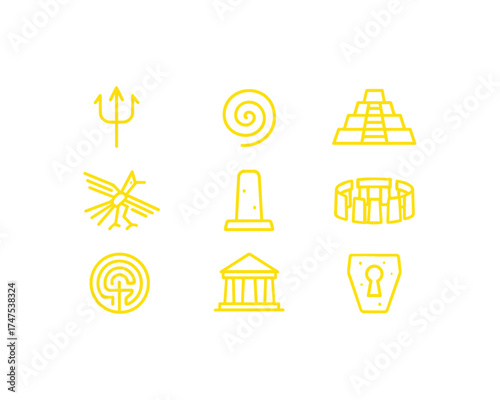 Ancient Wonders and Mythological Symbols Yellow Outline Icon Collection