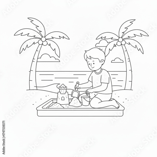 Monochromatic Outline Drawing of a Child Playing with Sand in a Beachfront Setting, Featuring a Boy Working on a Sandcastle with Prominent Coconut Palm Trees