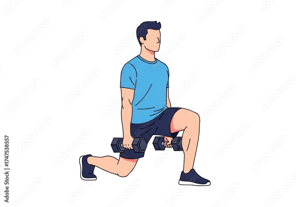 Obraz premium Man doing lunge exercise with dumbbells, blue shirt, dark shorts, on white background