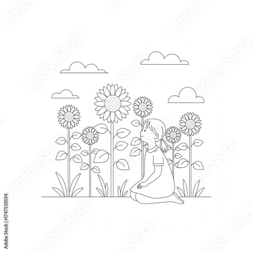 Young girl kneeling in a field of sunflowers under a cloudy sky, looking up at the flowers